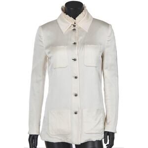 Chanel Silk Ivory Button Down Blouse Jacket With Frill Collar